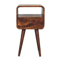 Mini Chestnut Curve open bedside with one drawer and open slot, front view, 30 x 30 x 55 cm