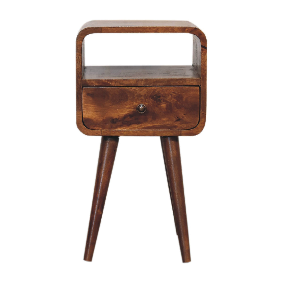 Mini Chestnut Curve open bedside with one drawer and open slot, front view, 30 x 30 x 55 cm