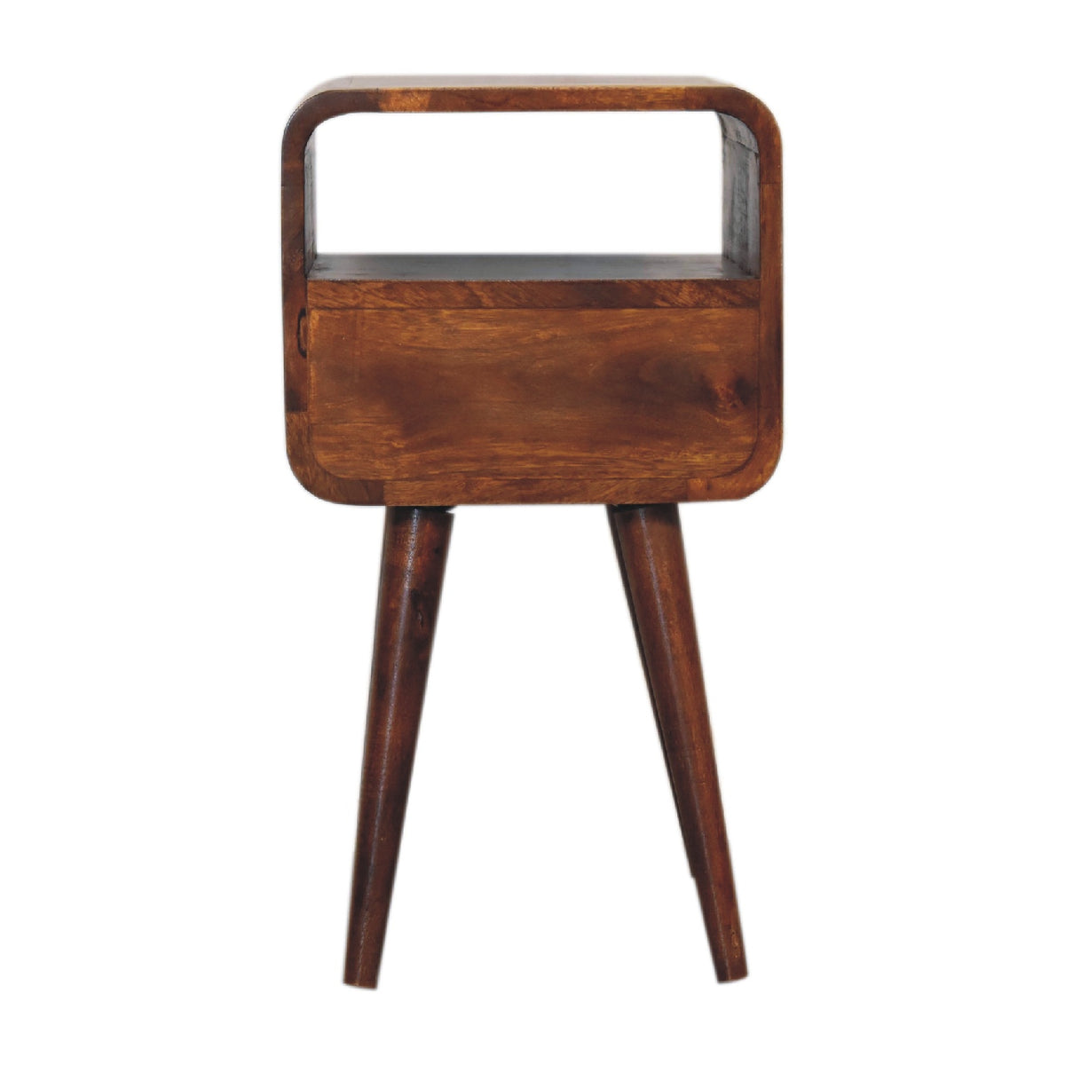 Mini Chestnut Curve bedside, rear view on splayed legs