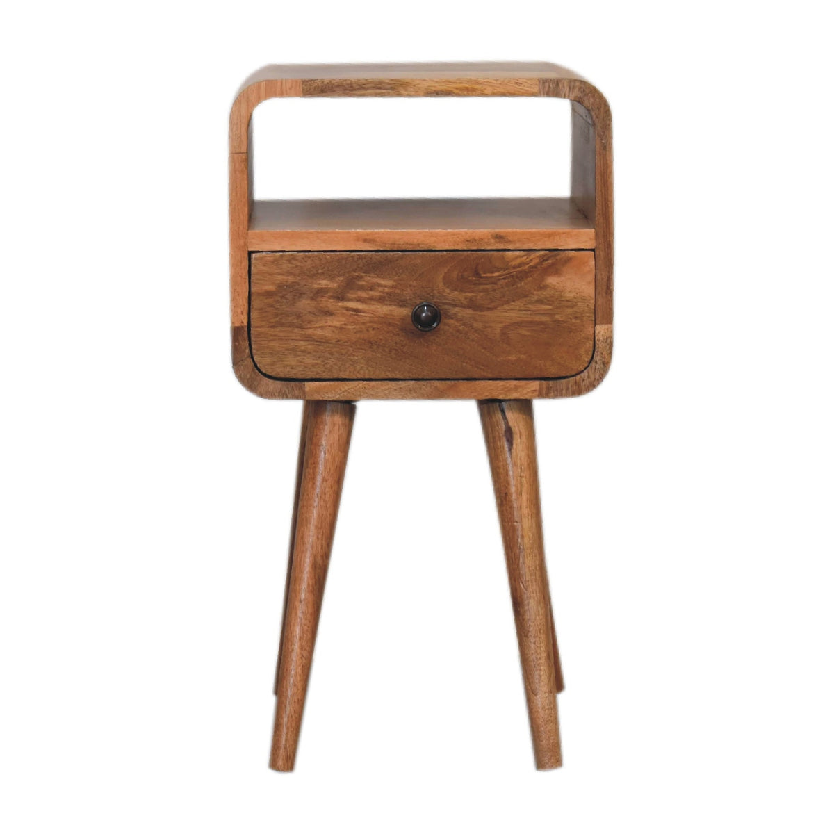 Mini Oakish Curve open bedside with one drawer and open slot, front view, 30 x 30 x 55 cm