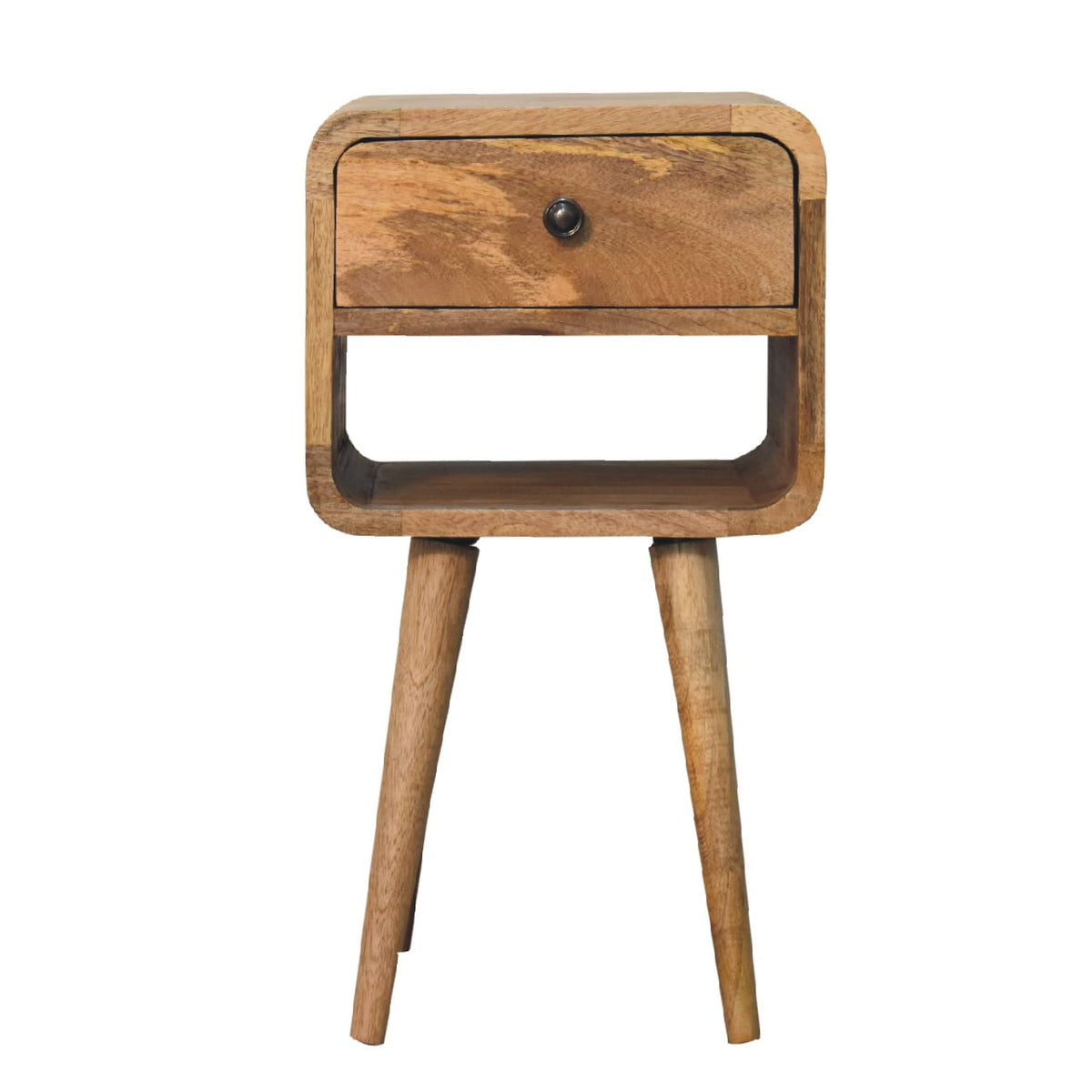 Mini oak-ish curved bedside with one drawer and lower open slot, front view, 30 x 30 x 55 cm