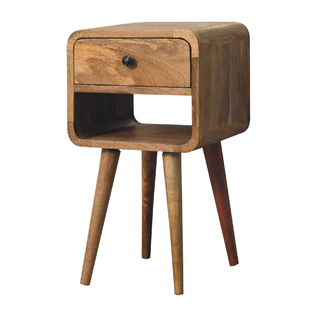 Mini oak-ish curved bedside, three-quarter view from the left