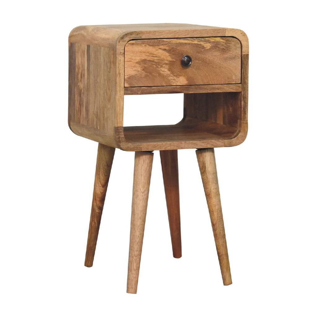 Mini oak-ish curved bedside, three-quarter view from the right
