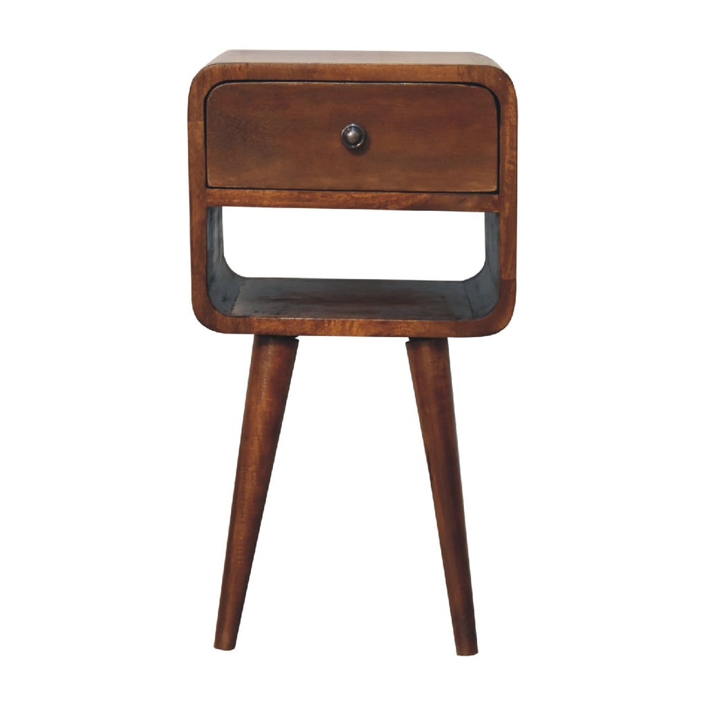 Mini chestnut curved bedside with one drawer and lower open slot, front view, 30 x 30 x 55 cm