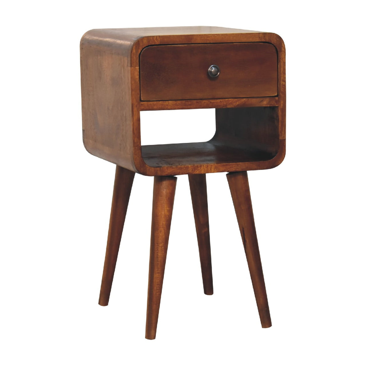 Mini chestnut curved bedside, three-quarter view from the left
