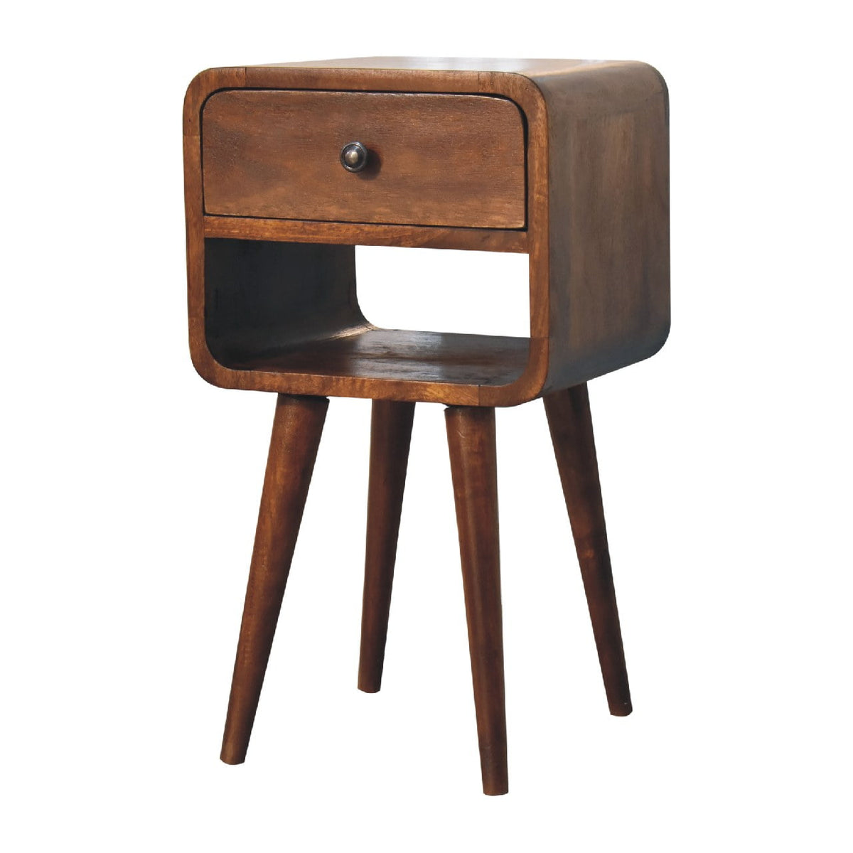 Mini chestnut curved bedside, three-quarter view from the right
