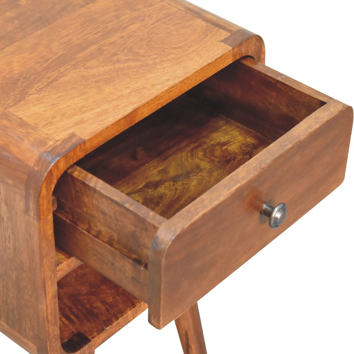 Mini chestnut bedside with the drawer open