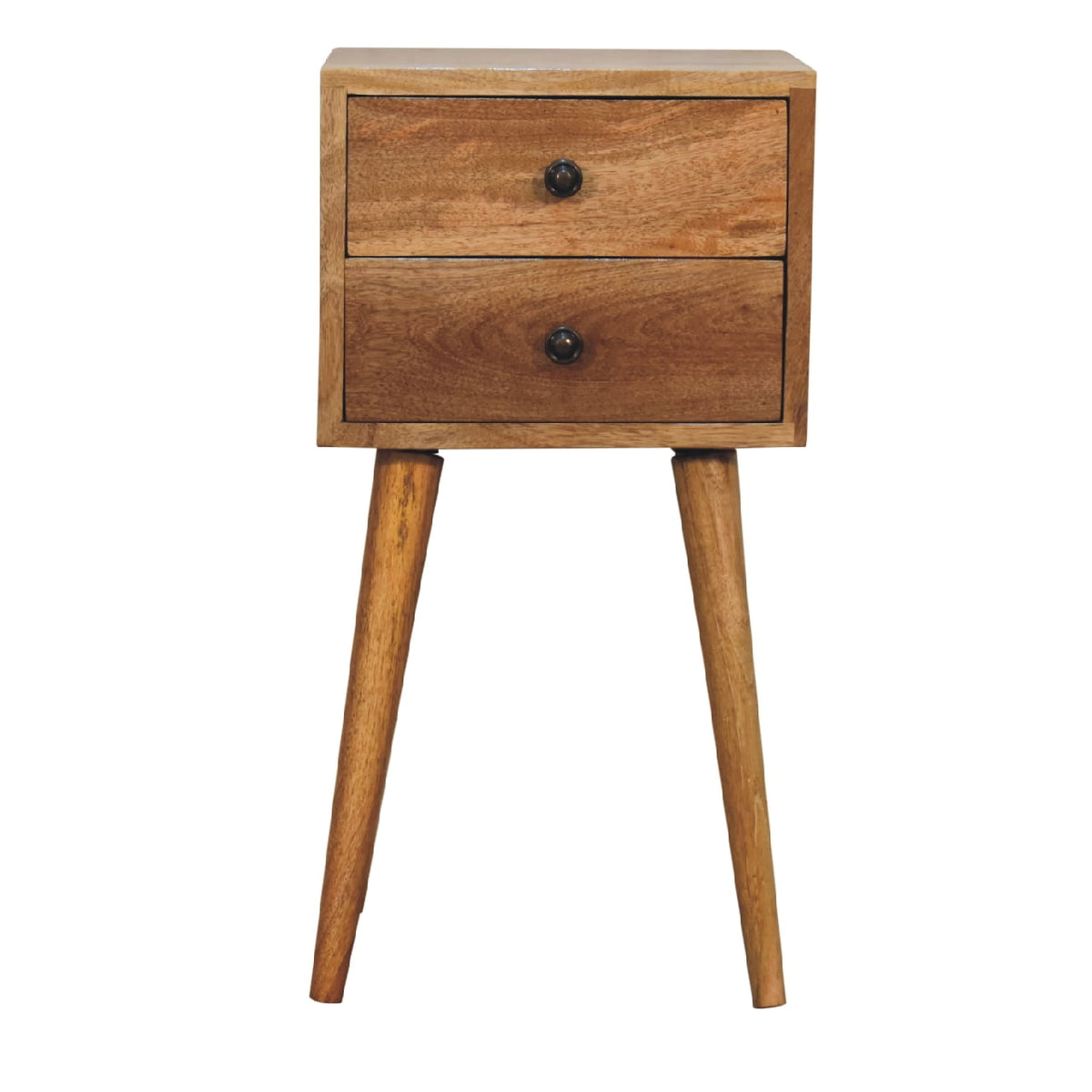 Mini 2 drawer oak-ish bedside table, front view, 30 x 30 x 57 cm