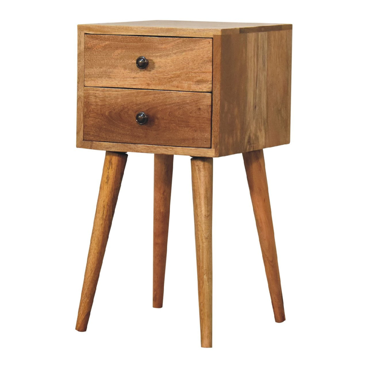 Mini oak-ish bedside, three-quarter view from the left
