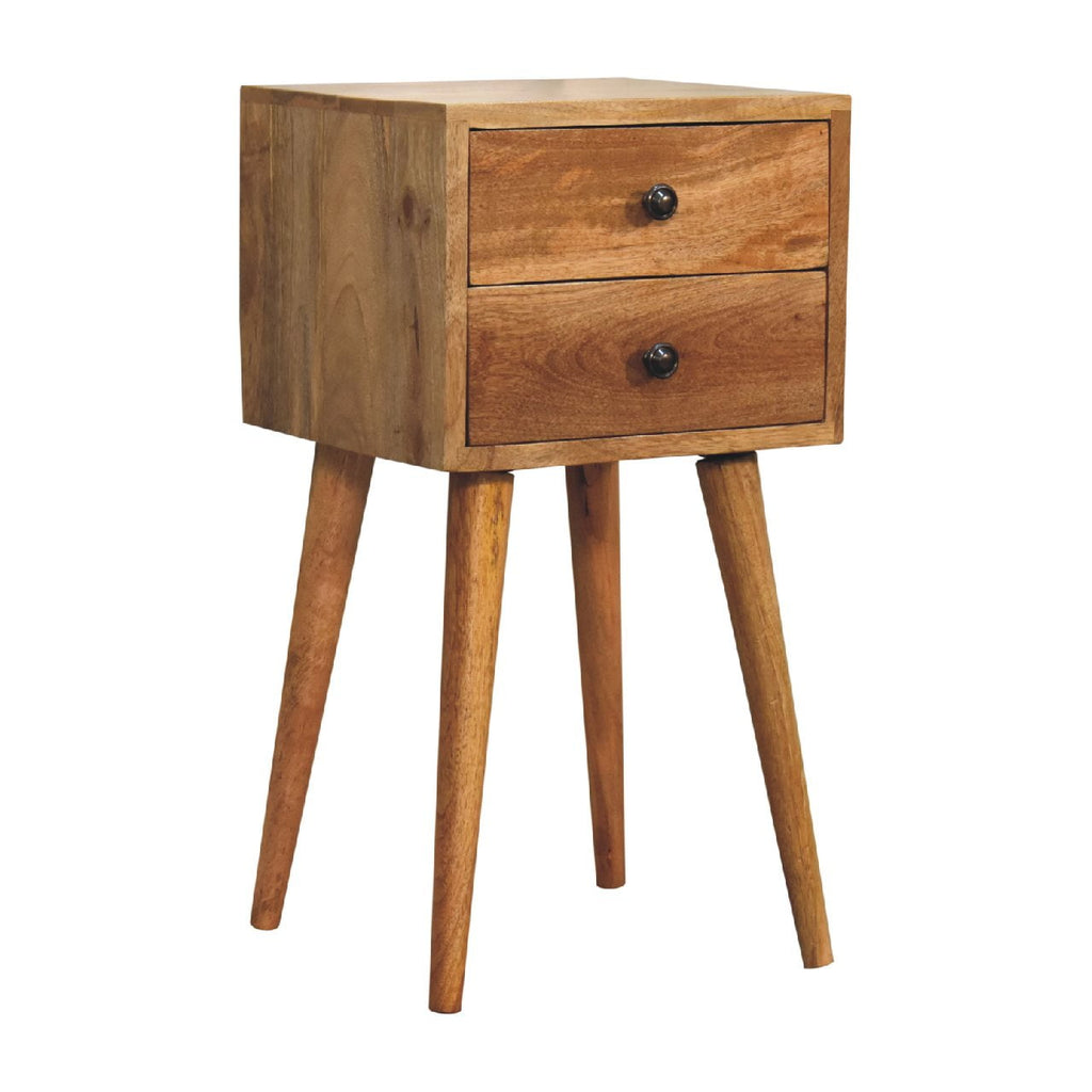 Mini oak-ish bedside, three-quarter view from the right