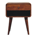 Chestnut bedside table with a drawer above an open niche, rounded corners and four tapered legs, front view