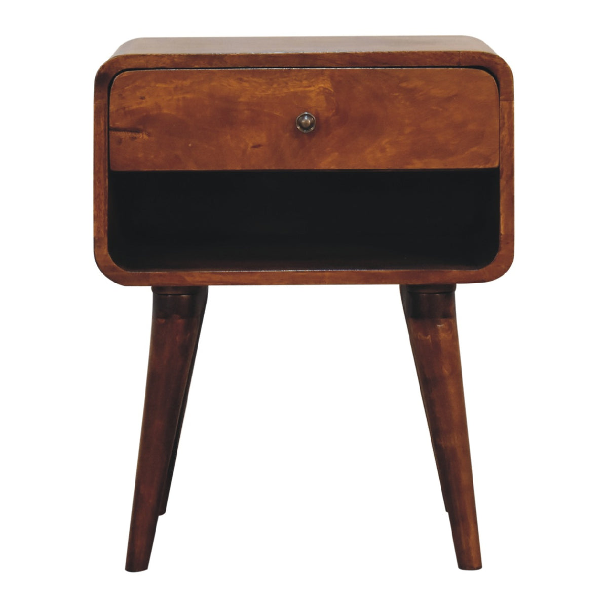 Chestnut bedside table with a drawer above an open niche, rounded corners and four tapered legs, front view