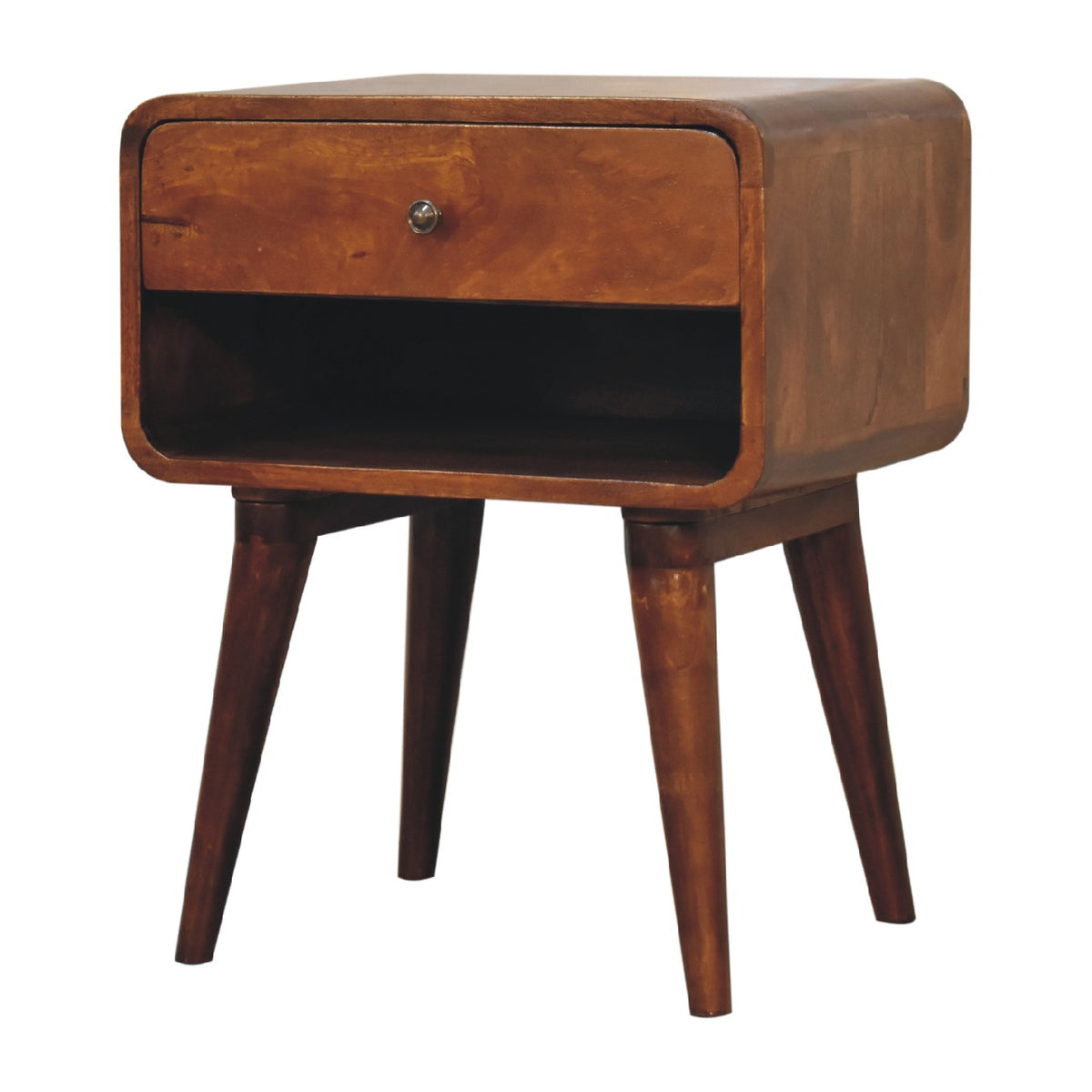 Chestnut bedside table with a drawer and open niche, three-quarter view from the other side