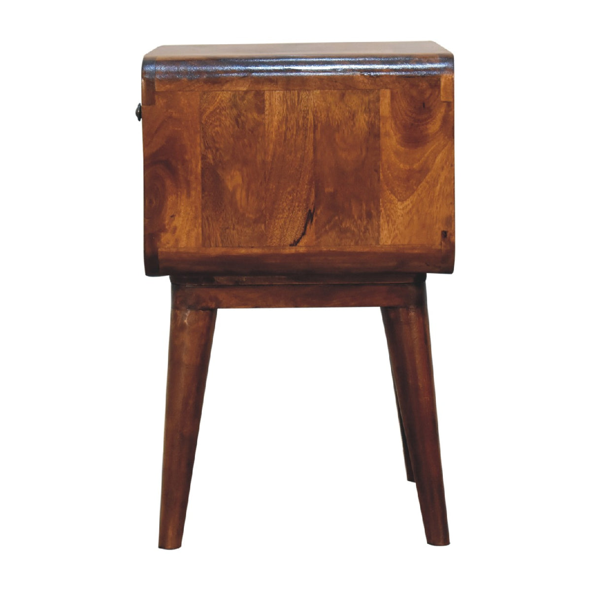 Side view of the chestnut bedside table with rounded corners, the drawer knob at the edge and tapered legs