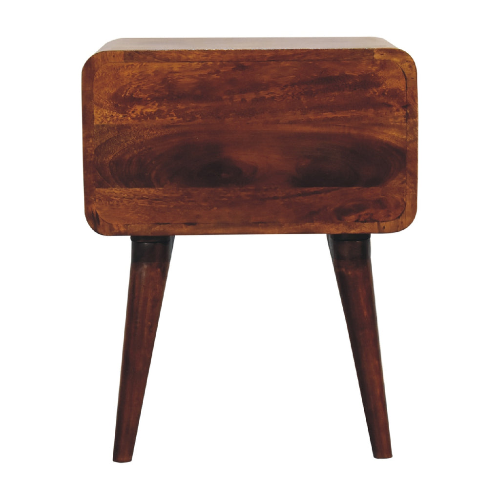 Back view of the chestnut bedside table with a solid back panel and tapered legs