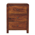 Arvessa 3 drawer bedside table in chestnut mango wood, front view