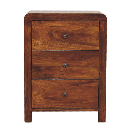Arvessa 3 drawer bedside table in chestnut mango wood, front view