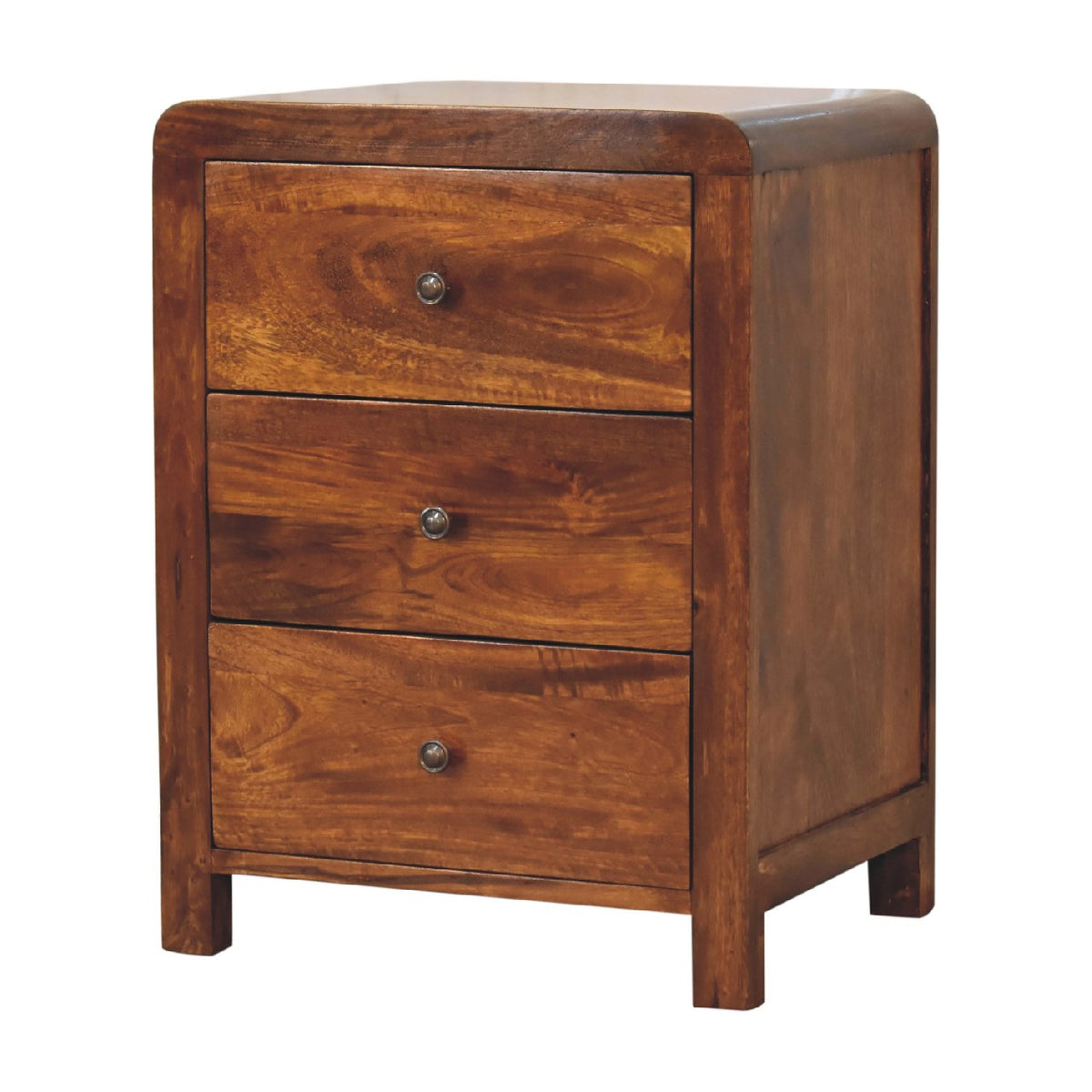 Arvessa 3 drawer bedside table, three-quarter view from the left with round brass-tone knobs