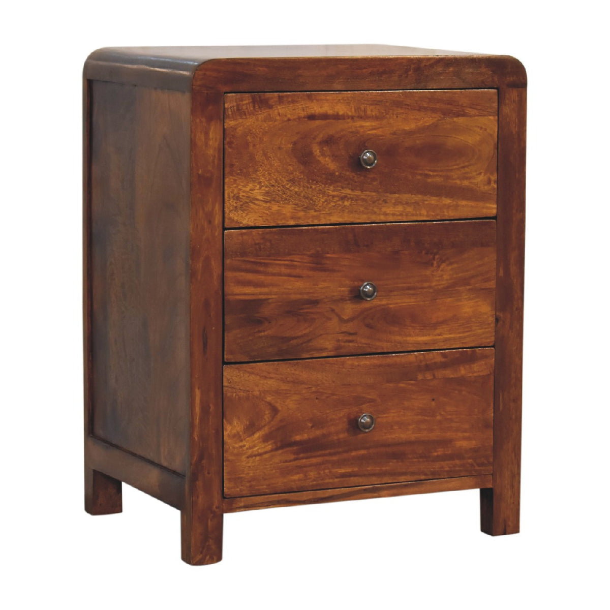Arvessa 3 drawer bedside table, three-quarter view from the right showing the side panel