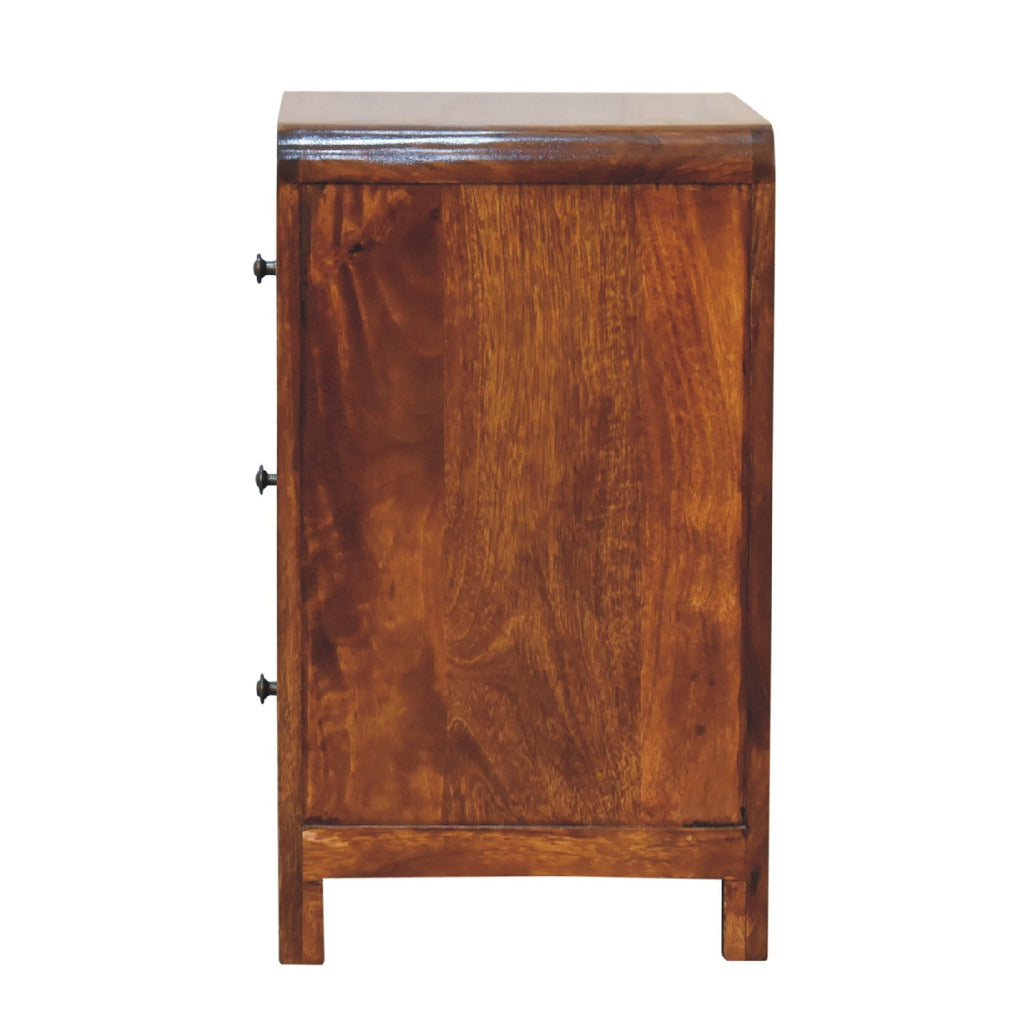 Side view of the Arvessa bedside table with square block legs