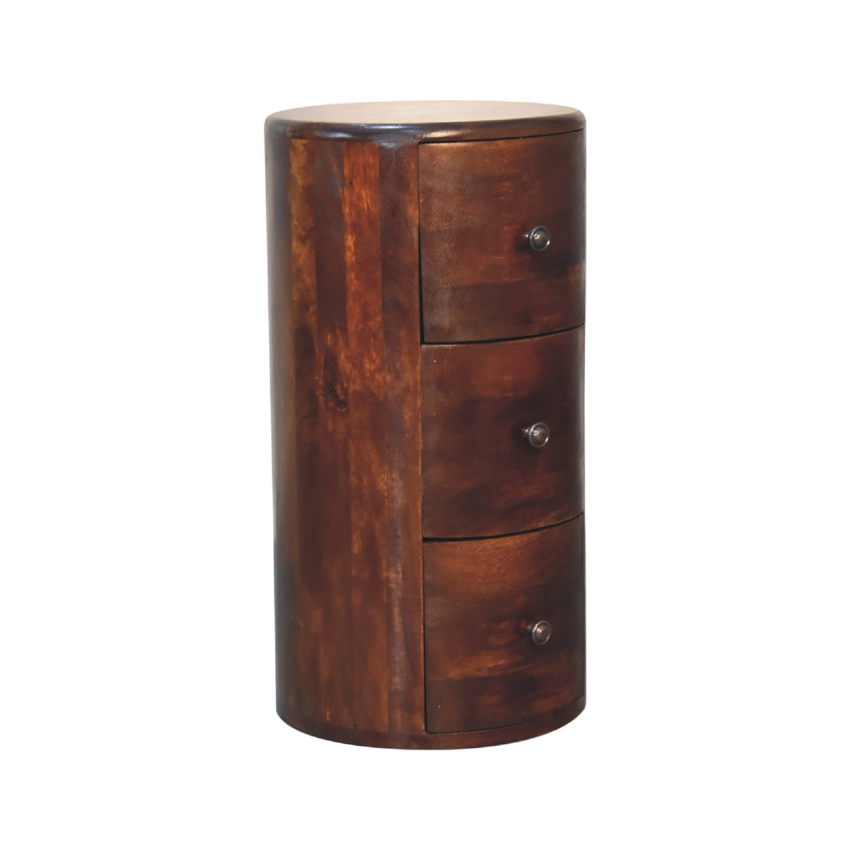 Chestnut drum chest turned to show the curved drawer fronts