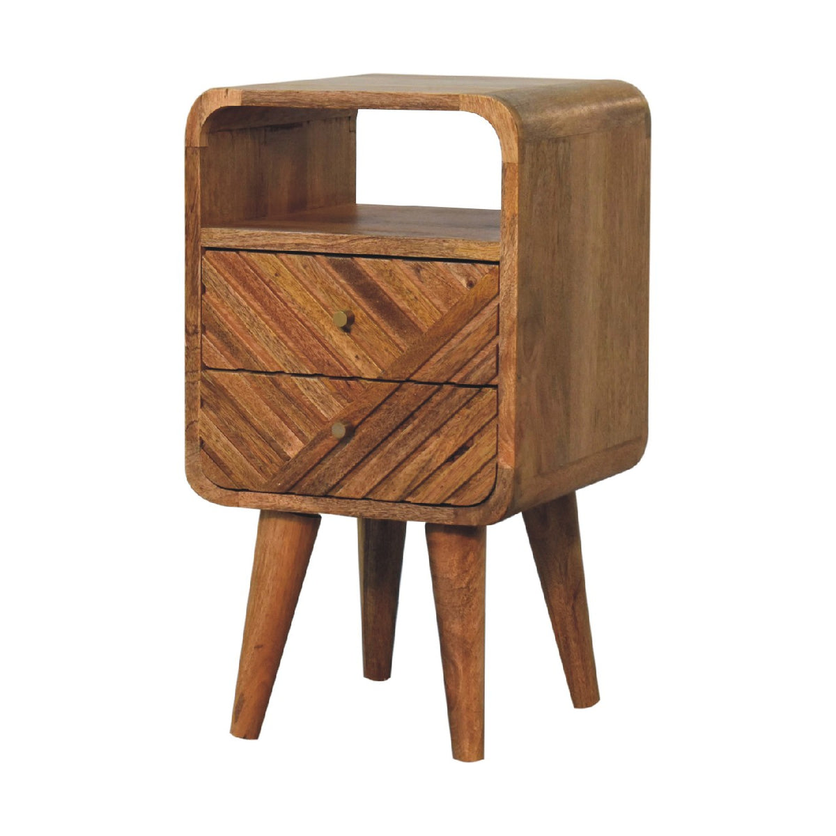 Nidd Curved bedside with two carved drawers and open niche, front view, 30 x 30 x 55 cm