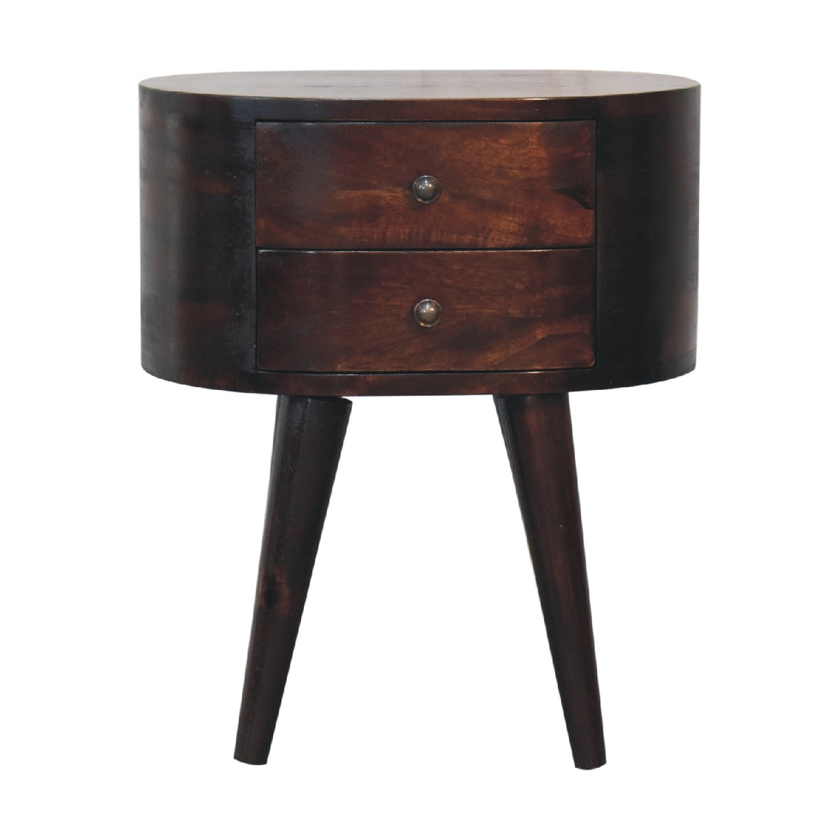 Walnut Rounded bedside table with two mini drawers, front view, 45 x 35 x 54 cm