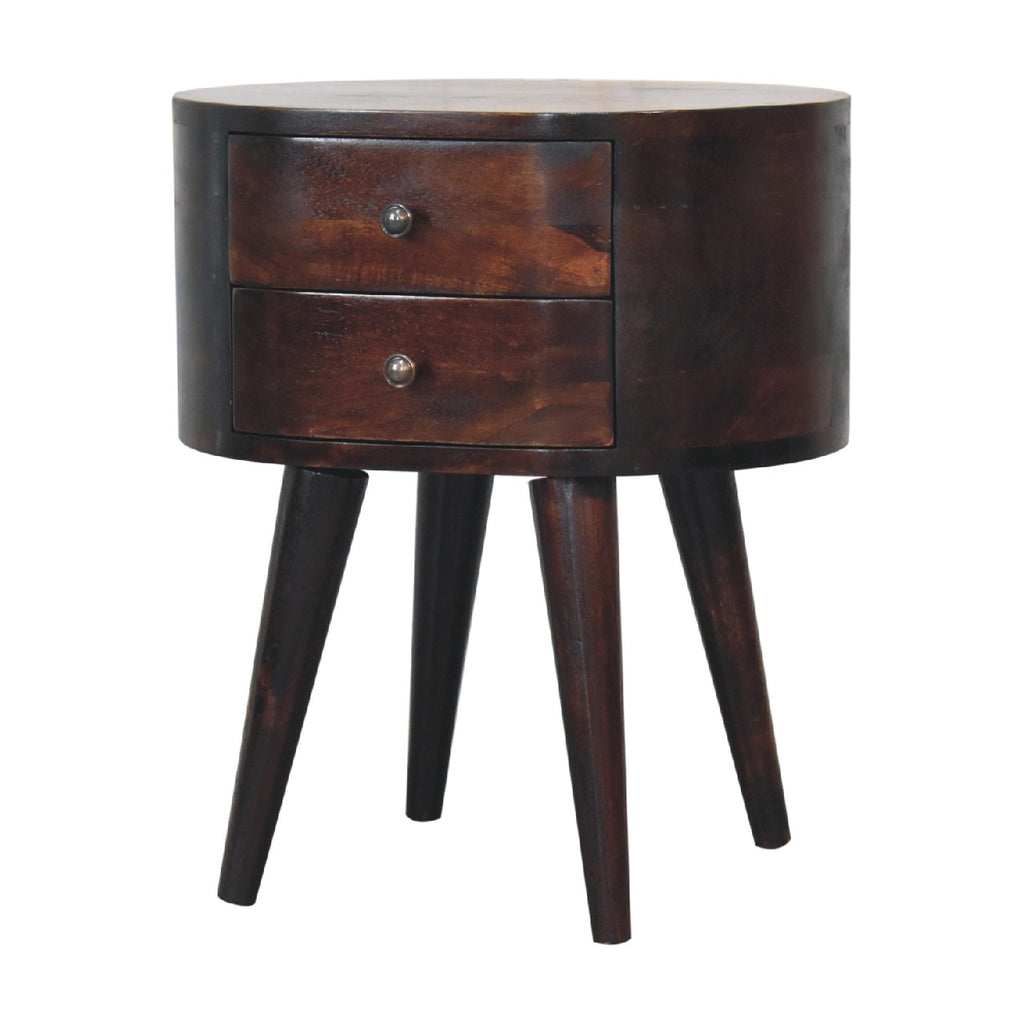 Walnut Rounded bedside, three-quarter view showing two drawers and four legs