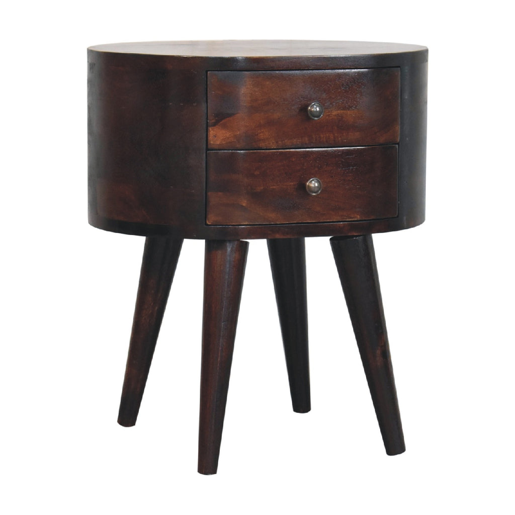Walnut Rounded bedside, angled view from the other side