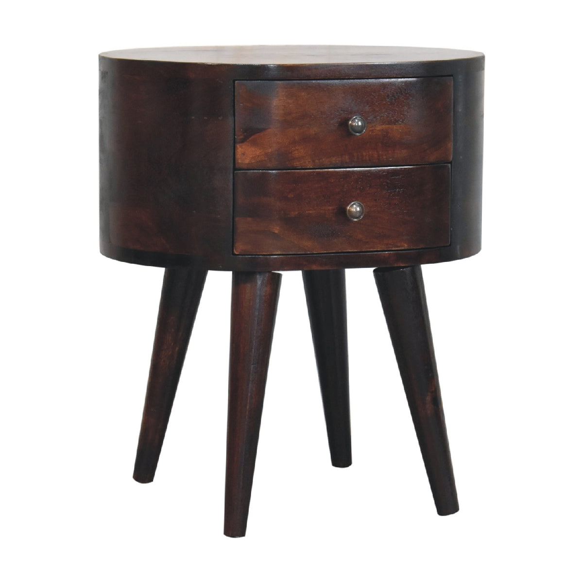 Walnut Rounded bedside, angled view from the other side