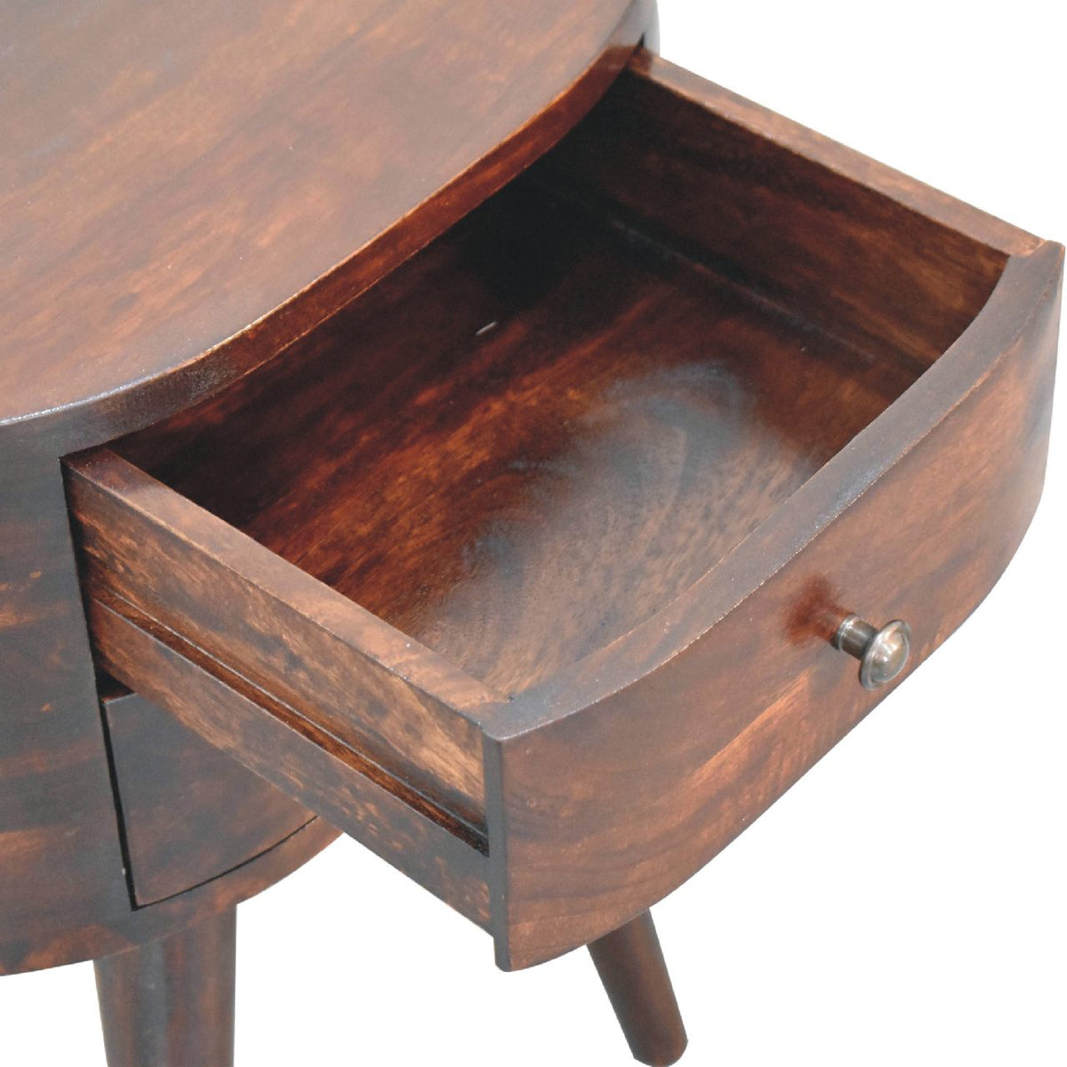 Walnut Rounded bedside with one mini drawer open