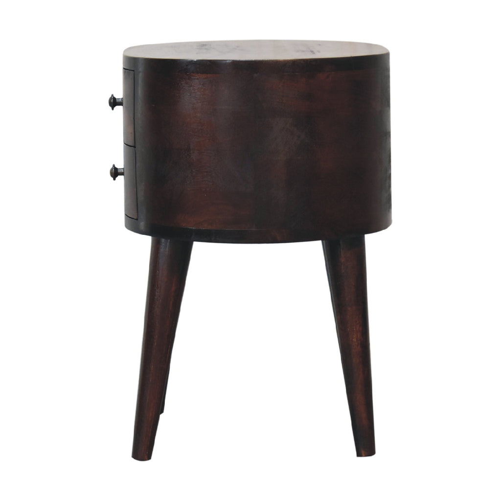 Side view of the Walnut Rounded bedside showing the curved body and drawer knobs