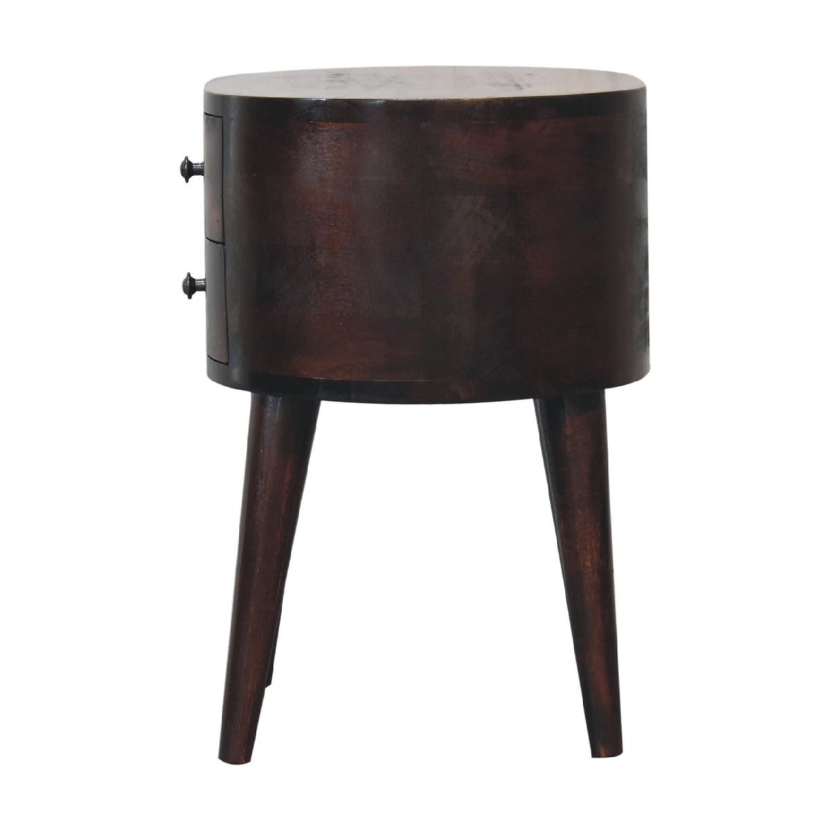 Side view of the Walnut Rounded bedside showing the curved body and drawer knobs