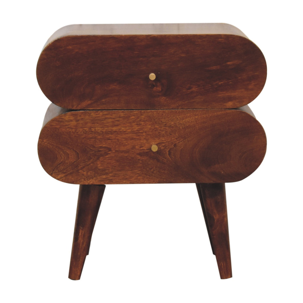 Bubble Chestnut bedside table, front view with two capsule-shaped drawers and splayed legs