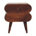 Bubble Chestnut bedside table, front view with two capsule-shaped drawers and splayed legs