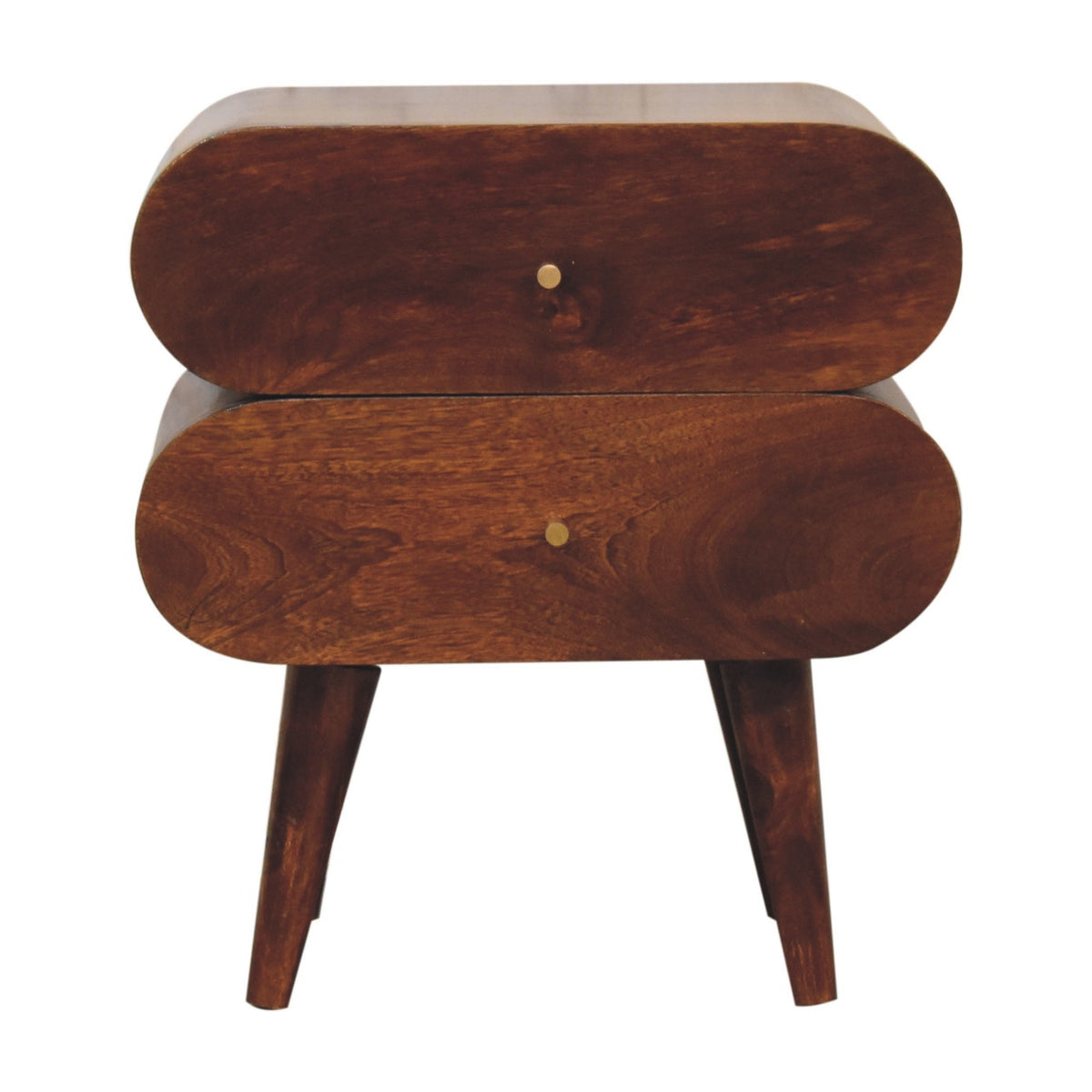 Bubble Chestnut bedside table, front view with two capsule-shaped drawers and splayed legs