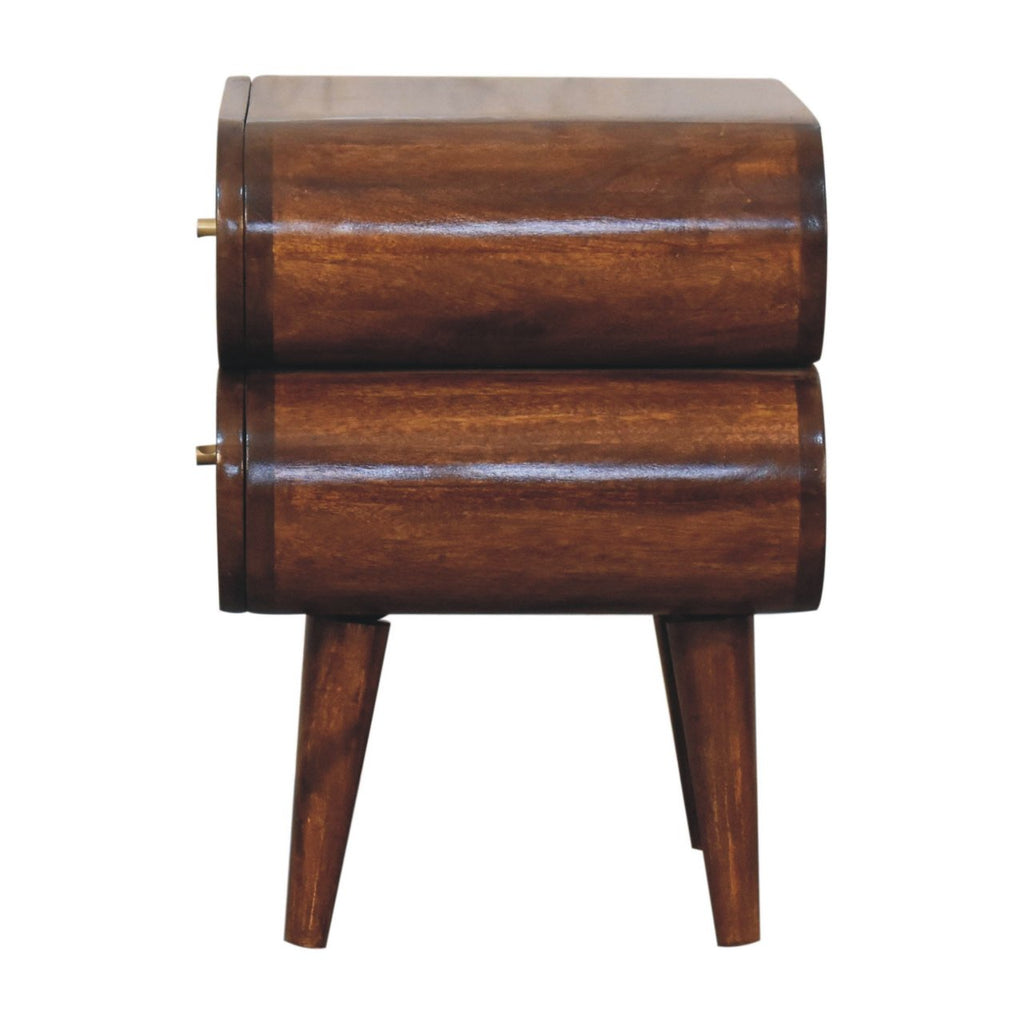Side view of the Bubble Chestnut bedside showing the rounded drawers and brass knobs