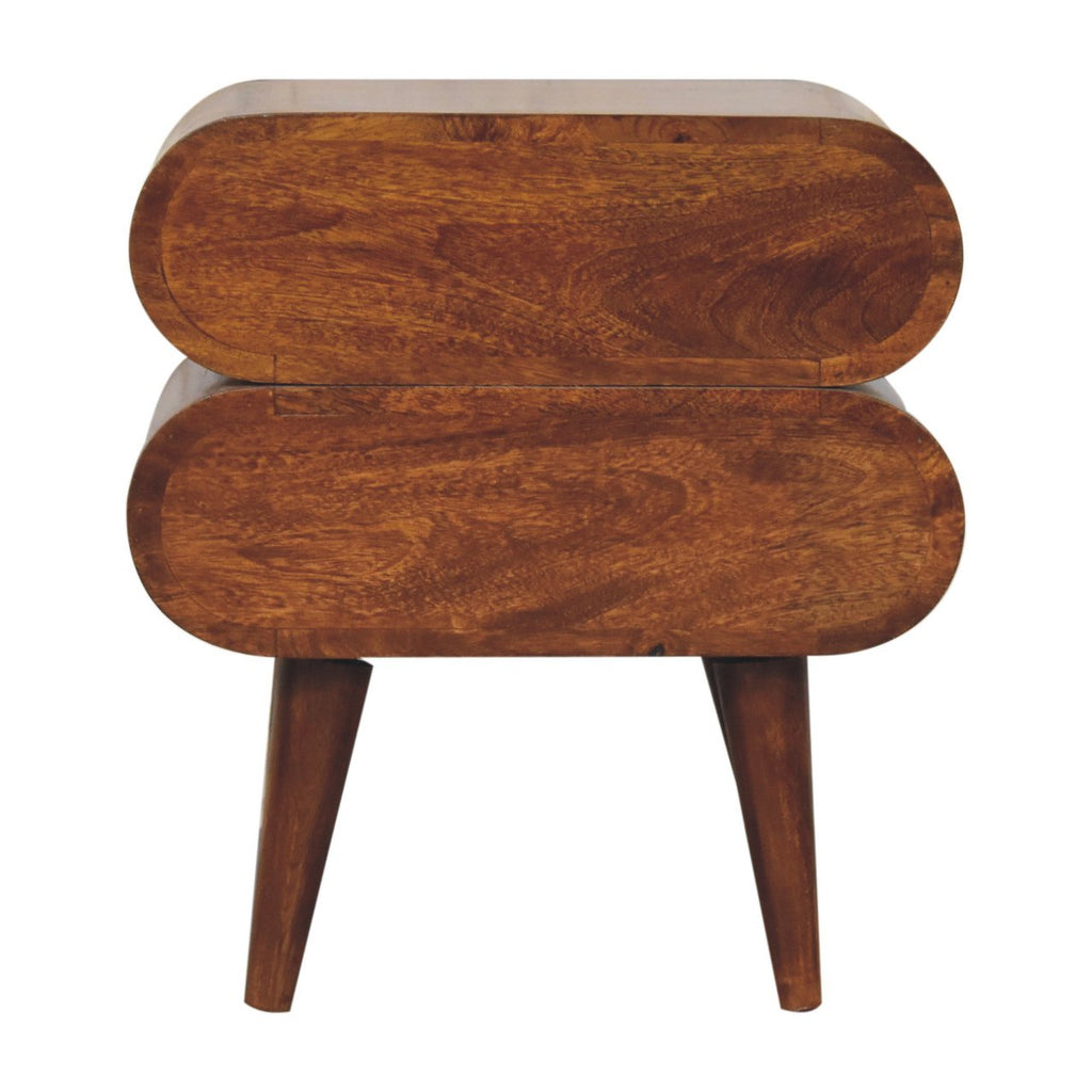 Back view of the Bubble Chestnut bedside table with rounded drawers and tapered legs