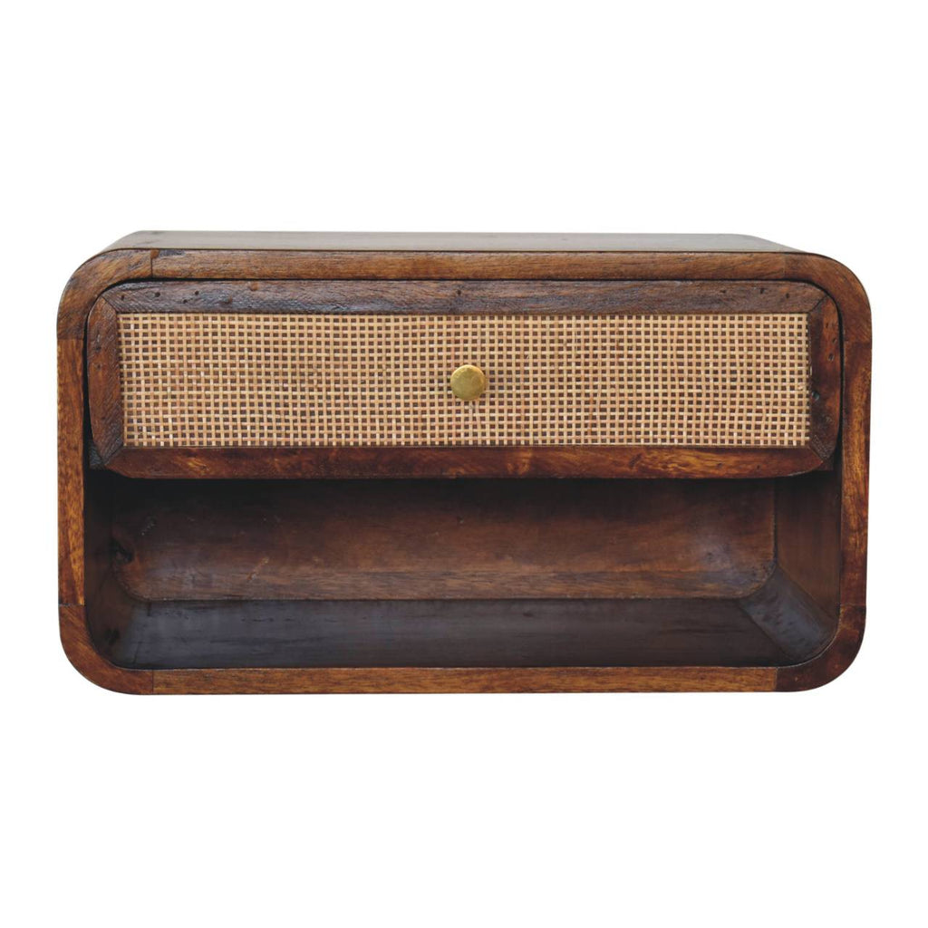 Chestnut wall-mounted woven-front bedside with one drawer, front view, 45 x 32 x 25 cm