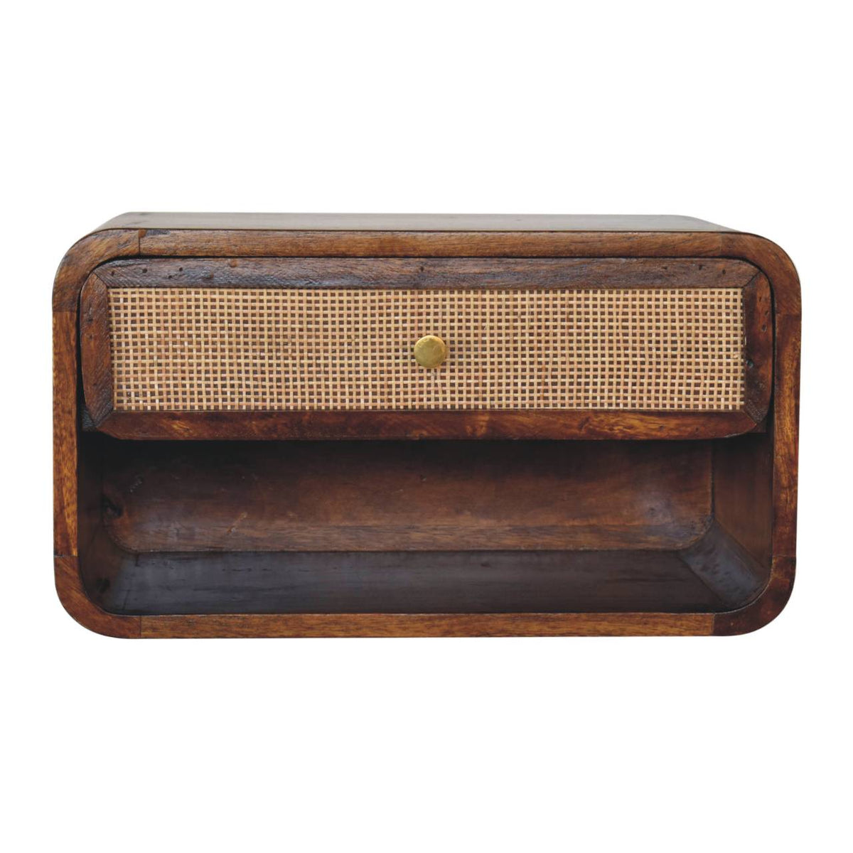 Chestnut wall-mounted woven-front bedside with one drawer, front view, 45 x 32 x 25 cm