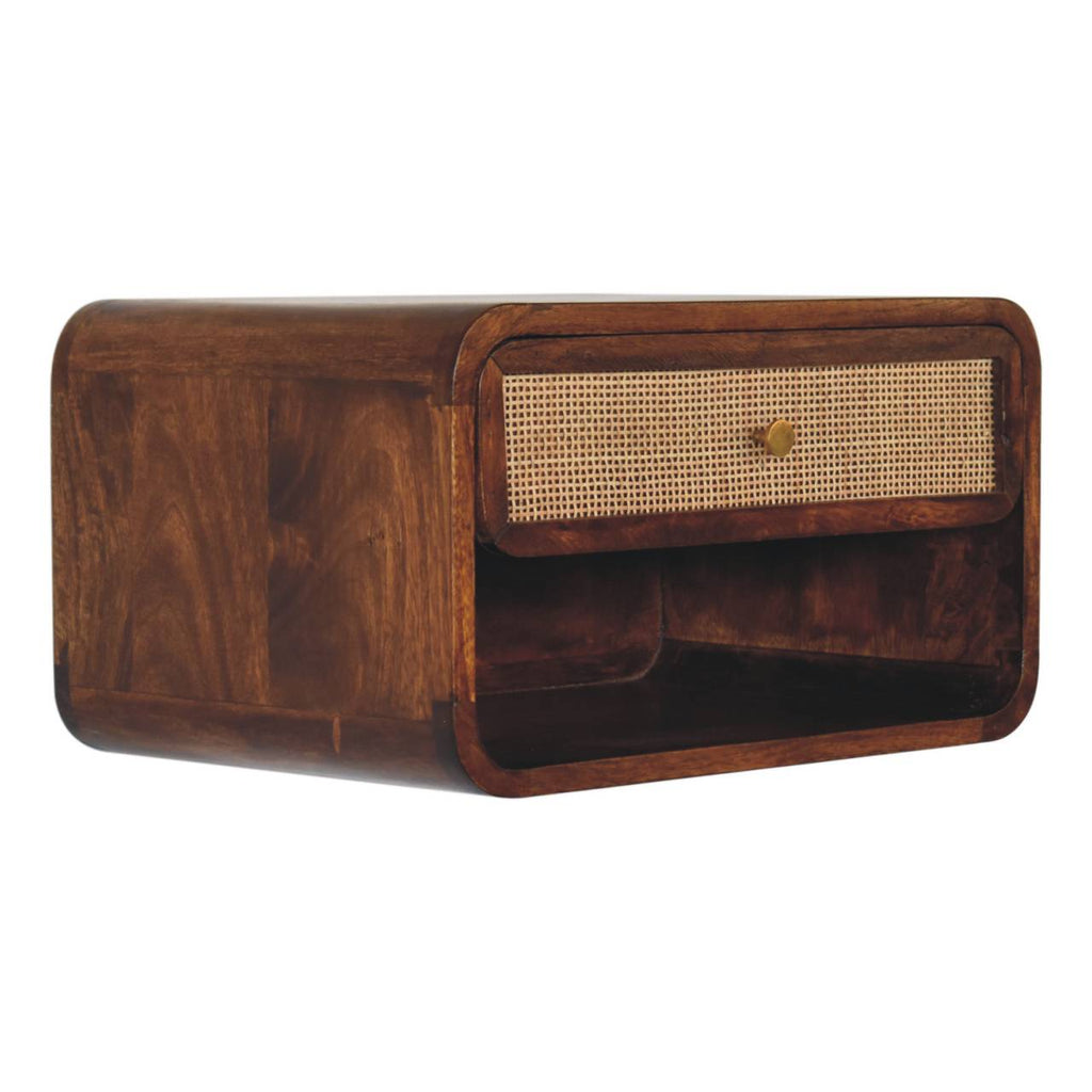 Chestnut wall-mounted woven bedside, three-quarter view from the left