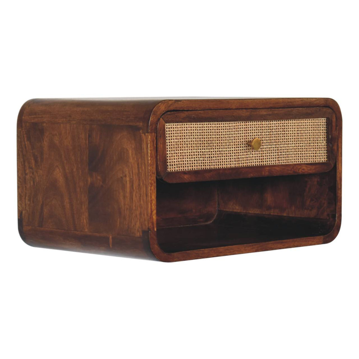 Chestnut wall-mounted woven bedside, three-quarter view from the left