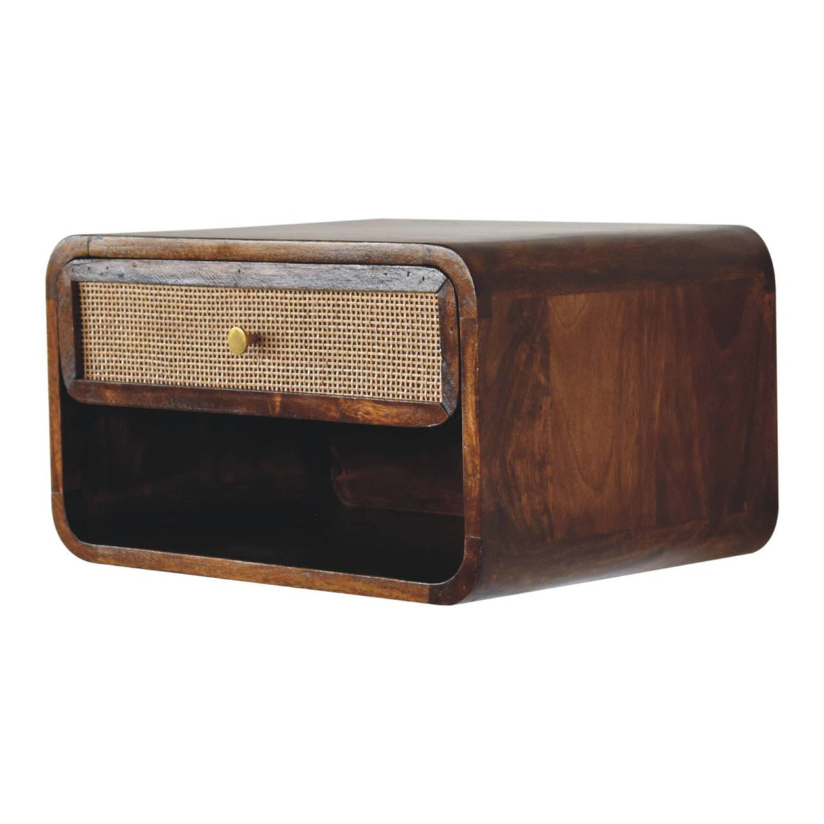 Chestnut wall-mounted woven bedside, three-quarter view from the right