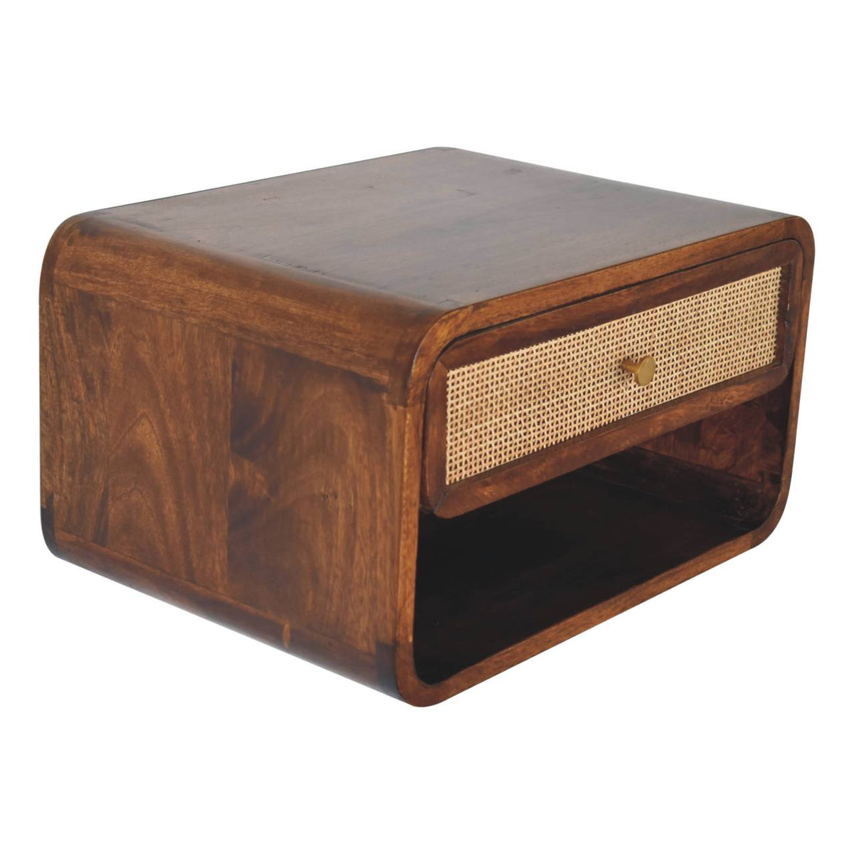Chestnut woven wall bedside seen from above showing the rounded top and drawer