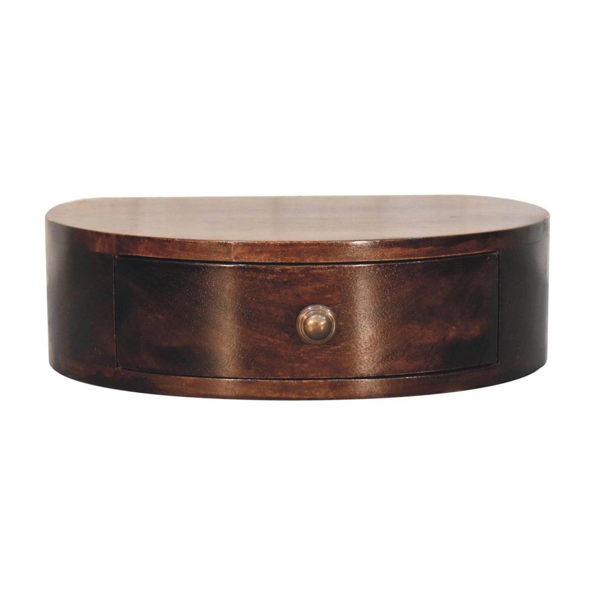 California Walnut wall mounted rounded bedside with one drawer, front view
