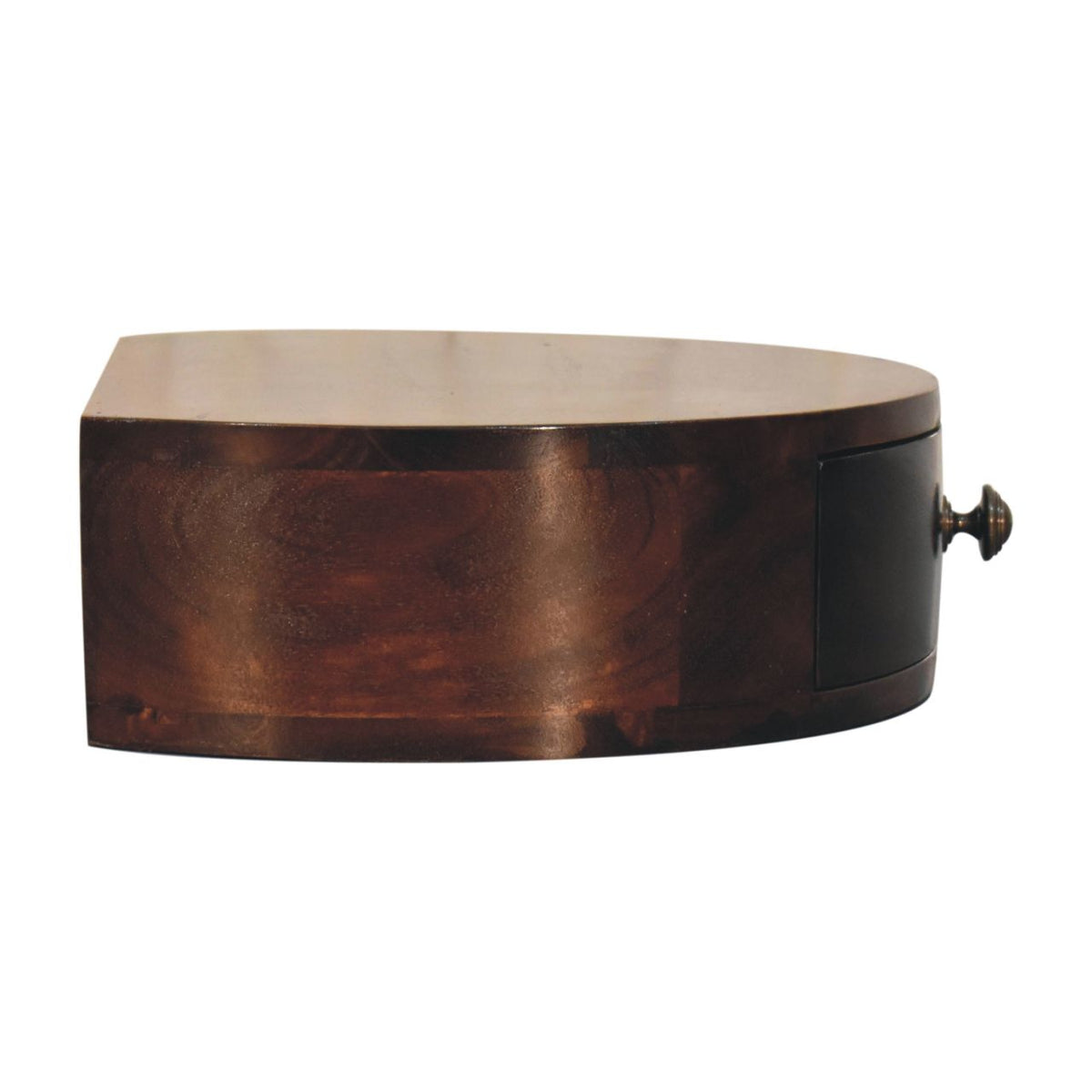 Side view of the wall mounted bedside with the drawer knob