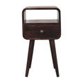 Mini California Walnut curved bedside with open slot and one drawer, front view, 30 x 30 x 55 cm