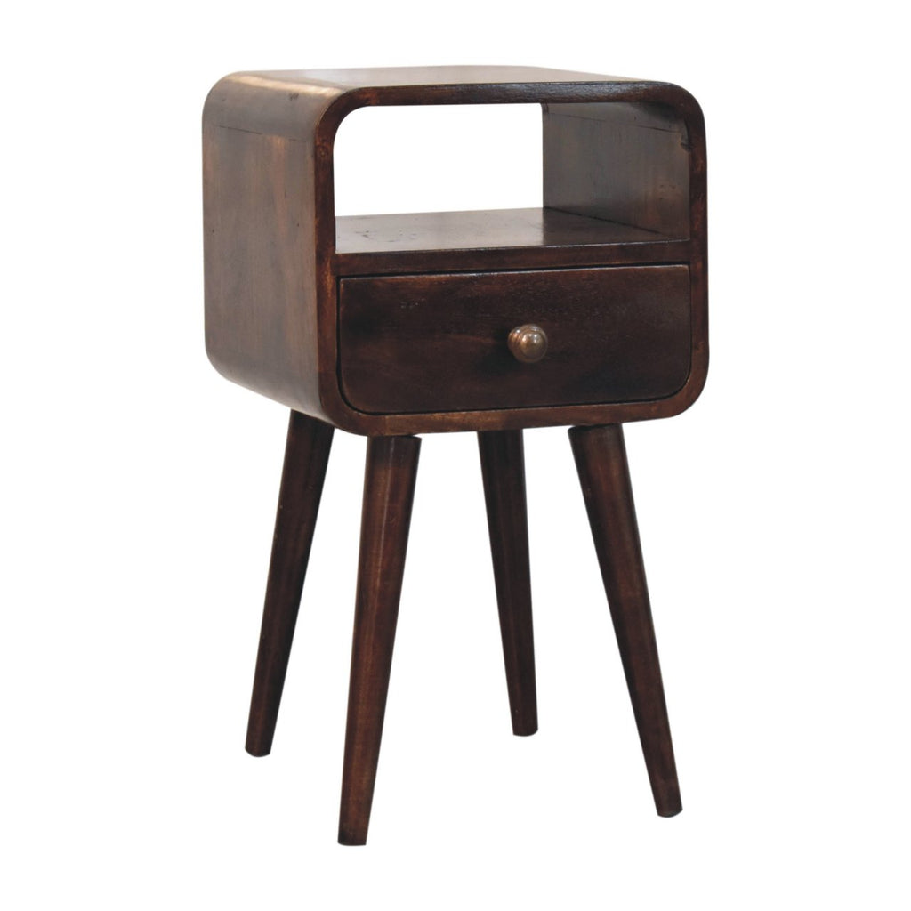 Mini curved bedside, three-quarter view showing open slot, drawer and four legs