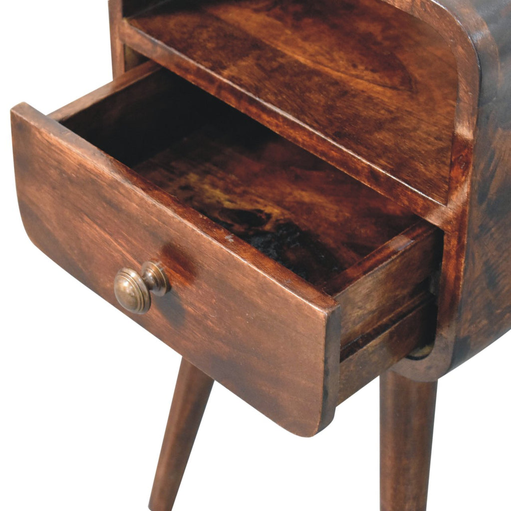 Mini curved bedside with the drawer open