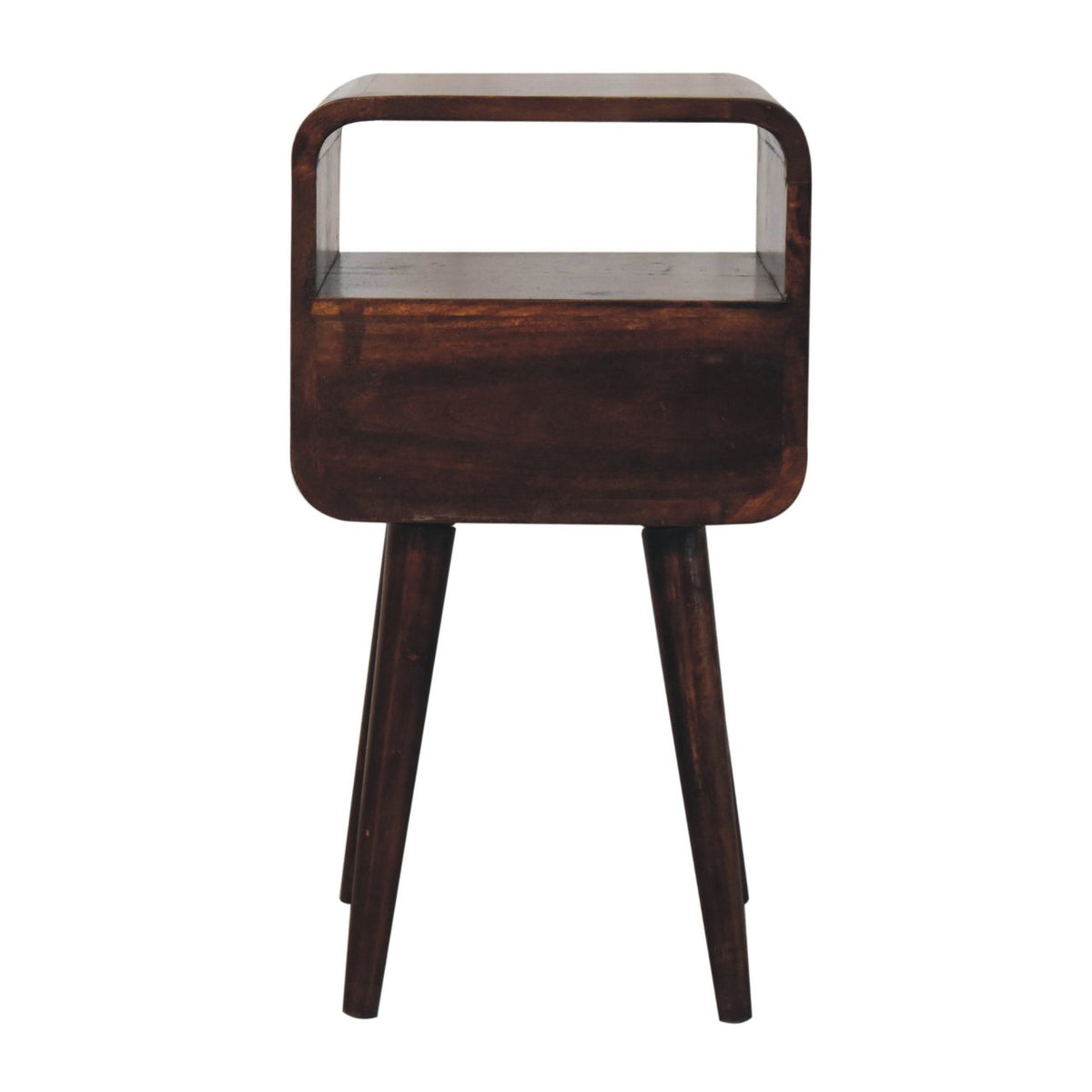 Back view of the mini curved bedside showing the open slot